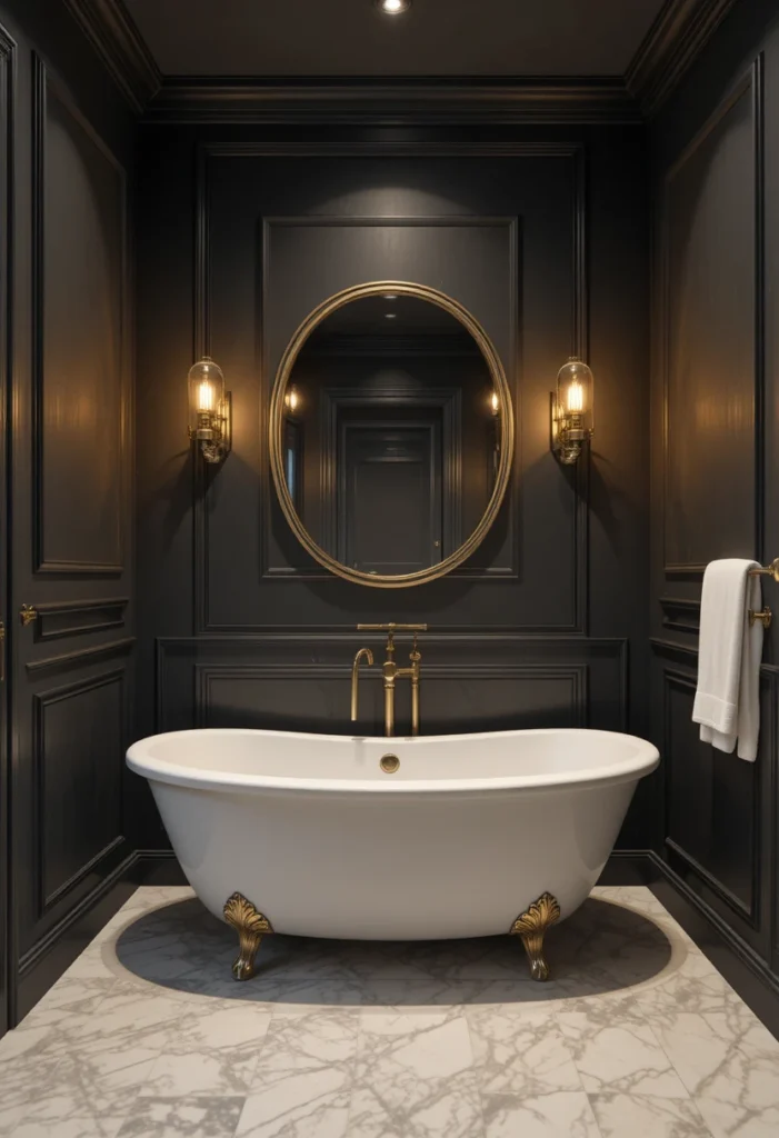 Dark moody bathroom with a striking white tub and warm brass accents.