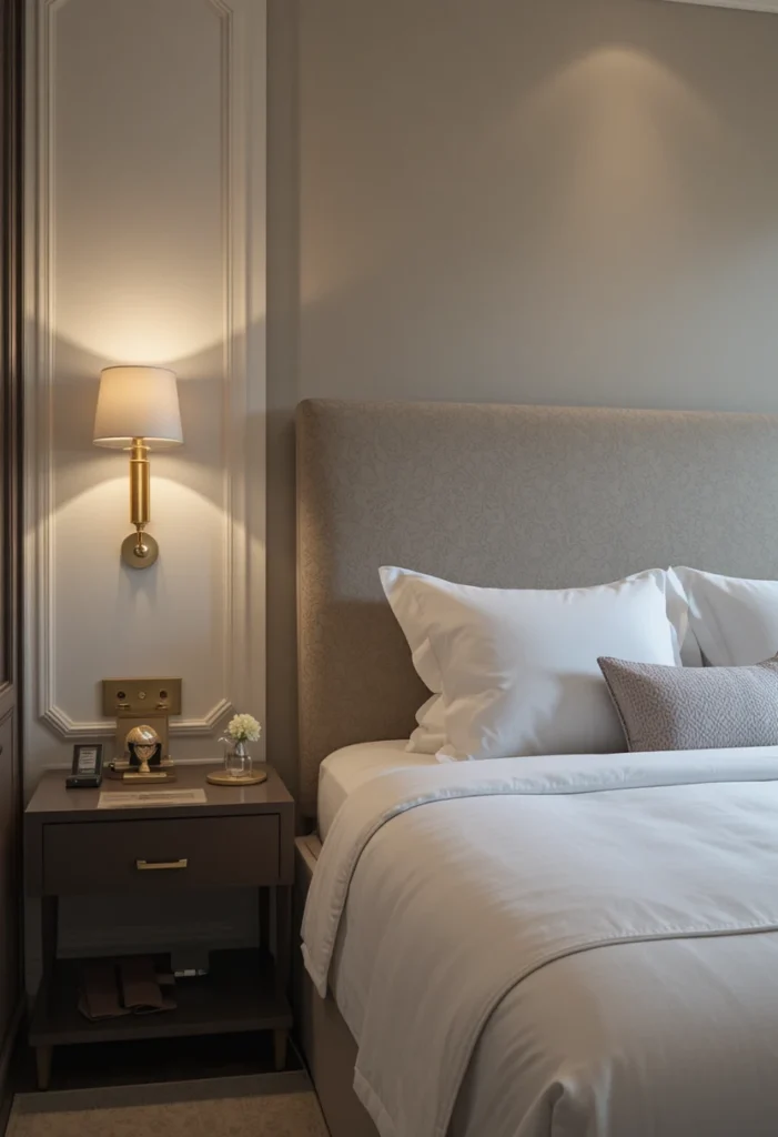 Brass wall sconces mounted beside bed in elegant bedroom.