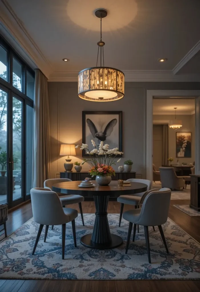 Open-plan room with pendant lighting defining separate zones