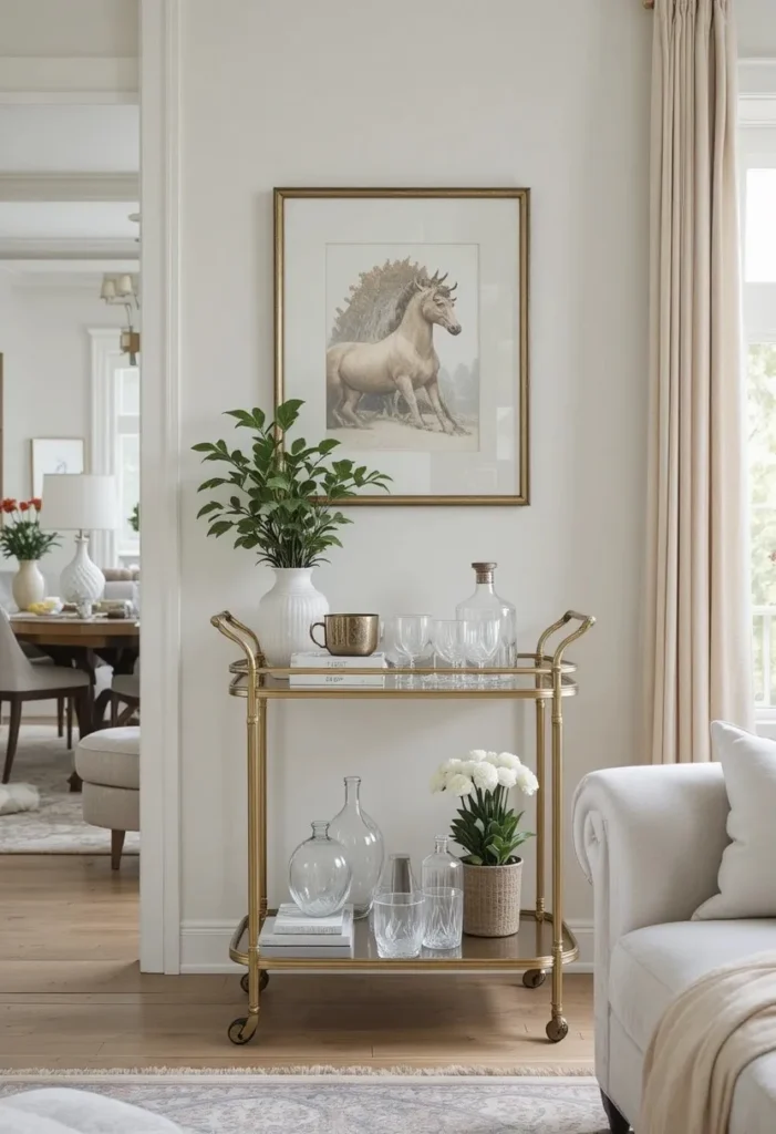 Open-plan combo room with bar cart acting as divider