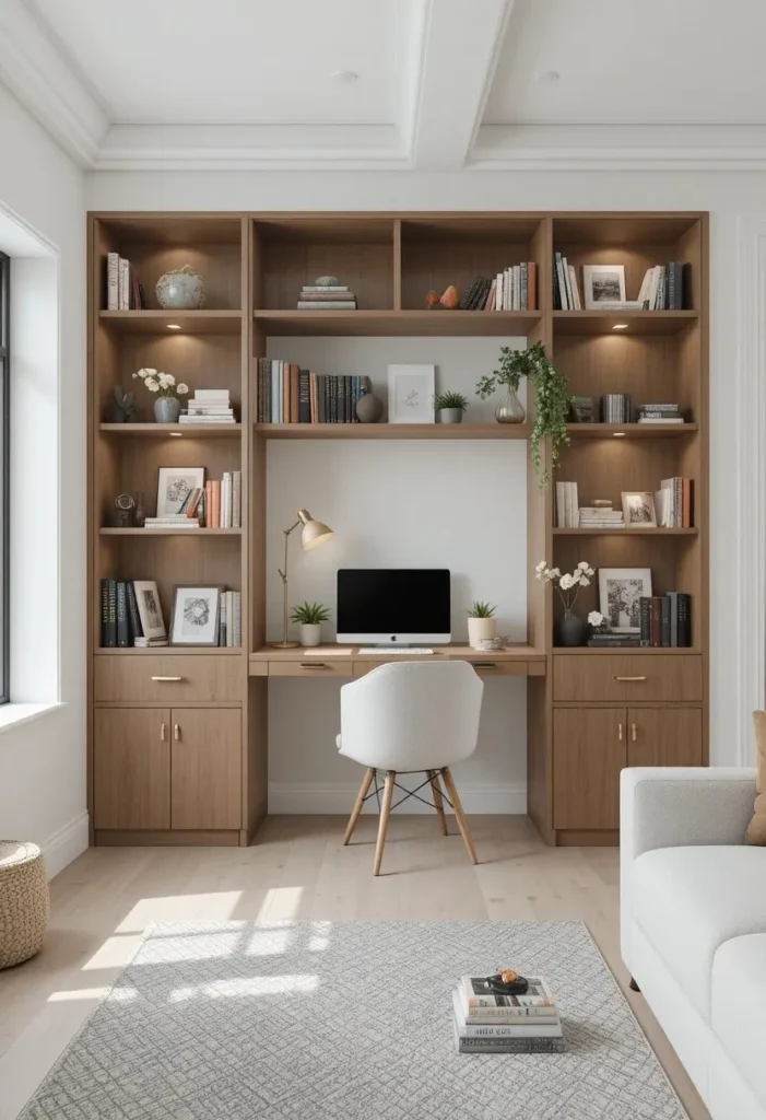 Built-in shelves with integrated desk nook in a modern living room.