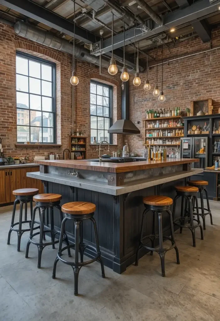 Industrial kitchen with black pipe-style bar stools and reclaimed wood seats.