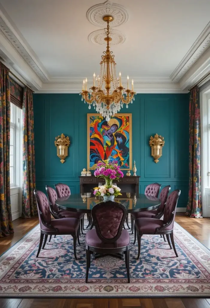 Colorful maximalist dining room with mixed patterns and jewel tones