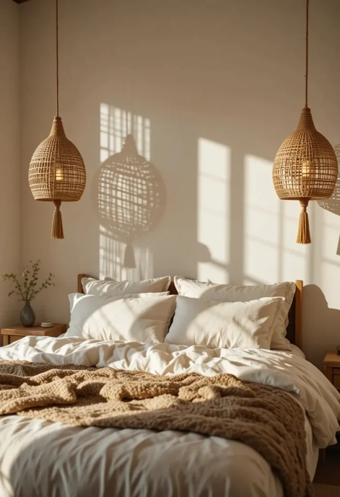 Rattan pendant bedside lamps in cozy boho bedroom.