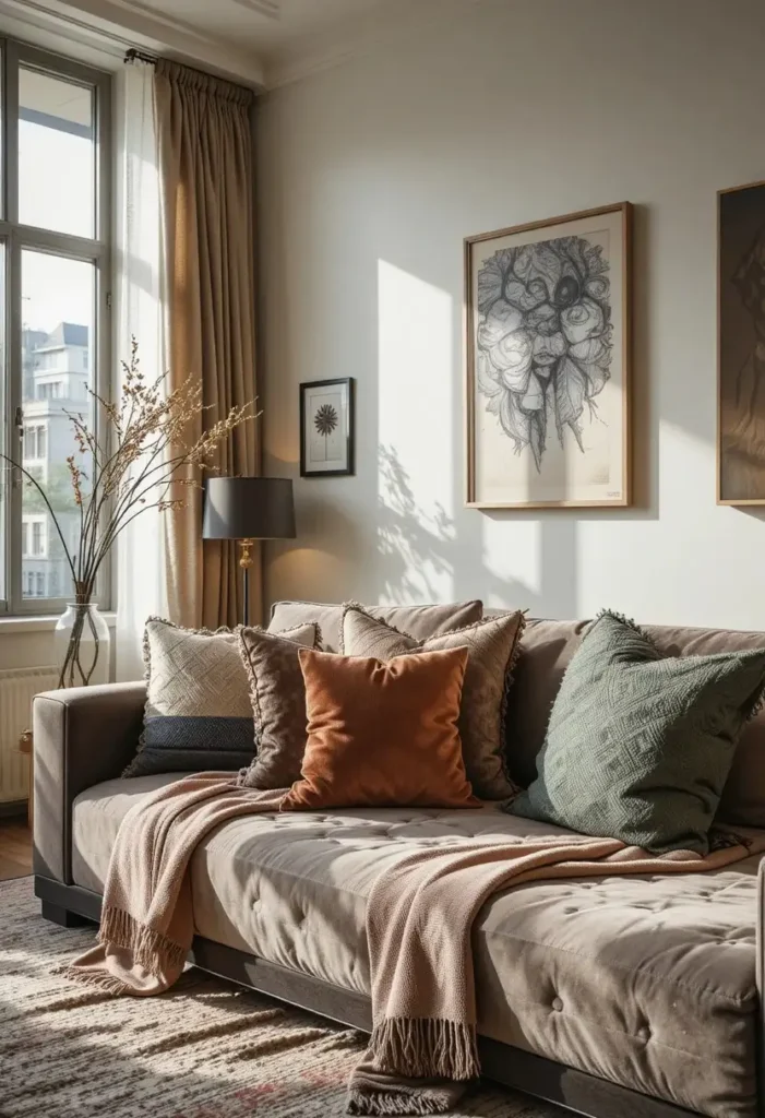 Full apartment living room styled with throw pillows and blankets