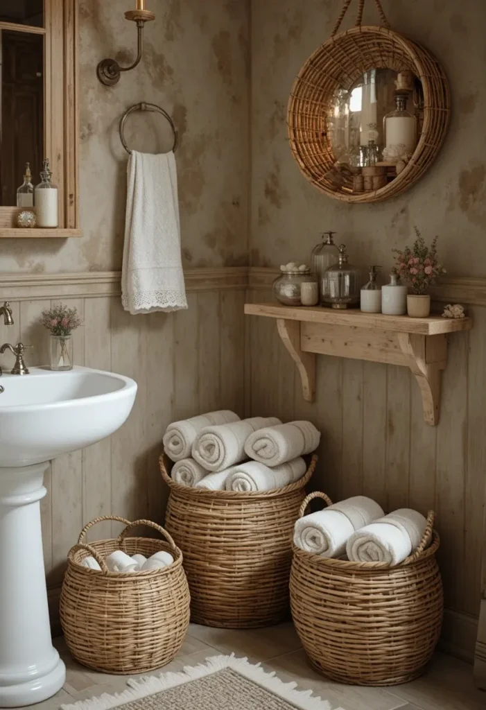 Woven baskets organizing bathroom essentials beautifully