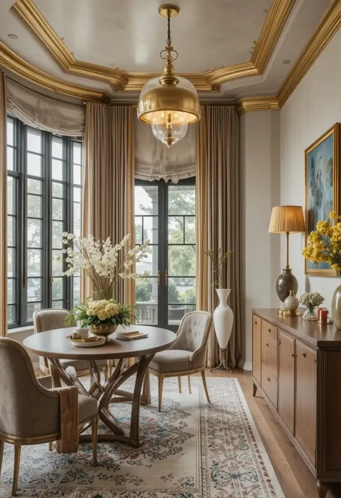 Open-plan combo room with matching brass finishes for cohesion