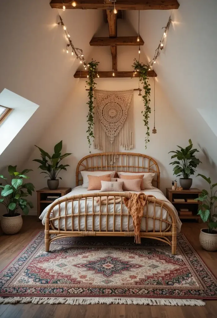 Minimal Scandinavian attic bedroom with white sloped walls, low oak platform bed, pale linen bedding, one green plant, soft daylight, uncluttered airy modern Nordic design