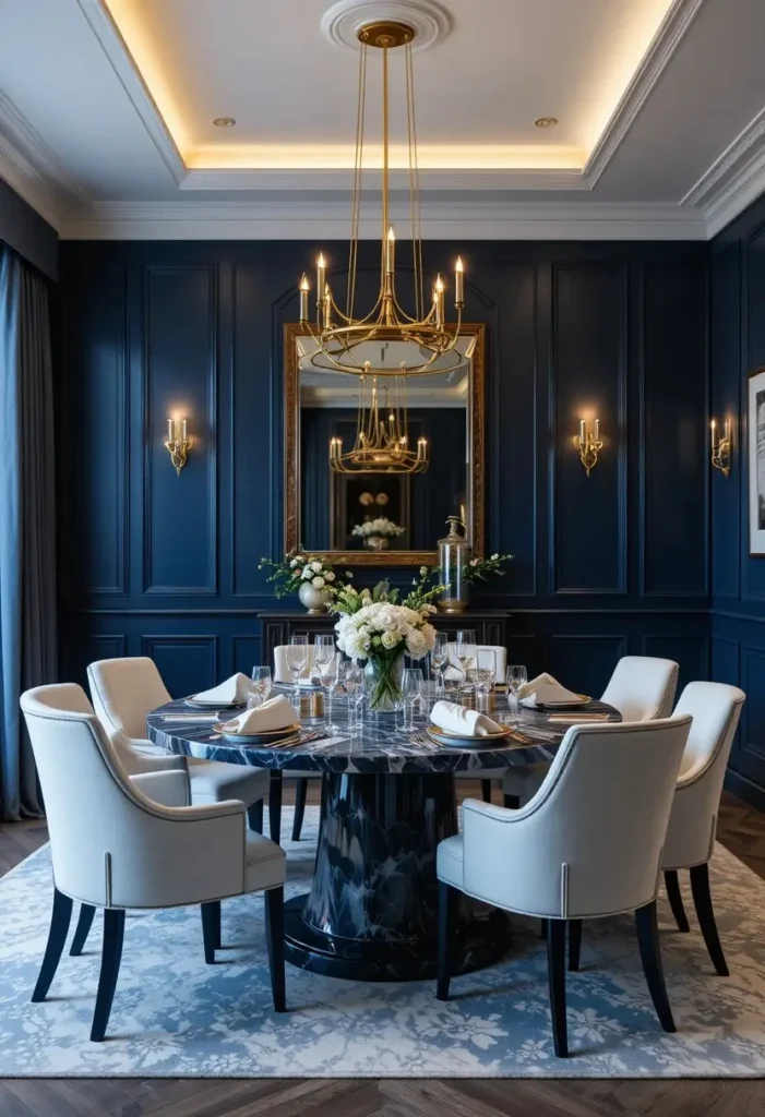 Moody navy dining room with marble table and brass pendant lights