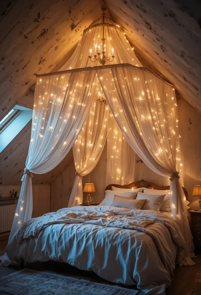 Attic bedroom with fairy light canopy creating warm magical glow
