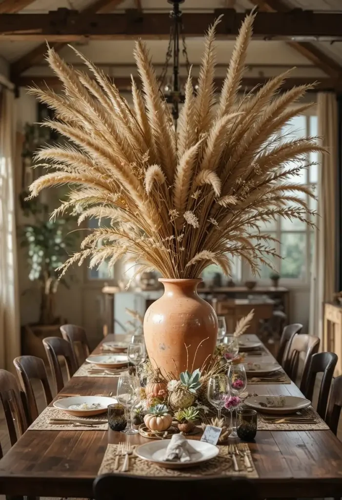 Wooden dining table decorated with a dried botanical arrangement in a terracotta vase.
