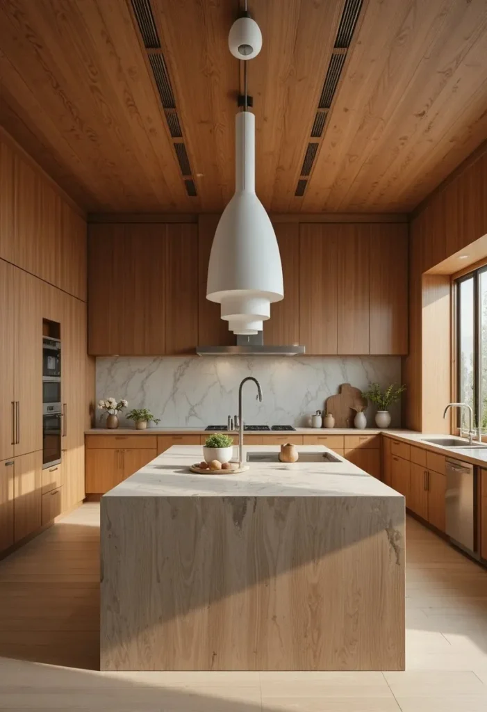 Full Japandi kitchen featuring matte white ceramic pendant lights above a stone island.