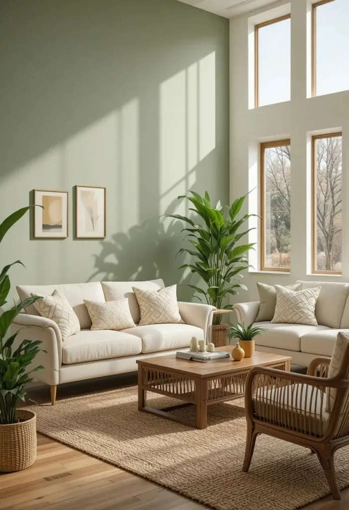 Sage green accent wall in a bright earthy living room.