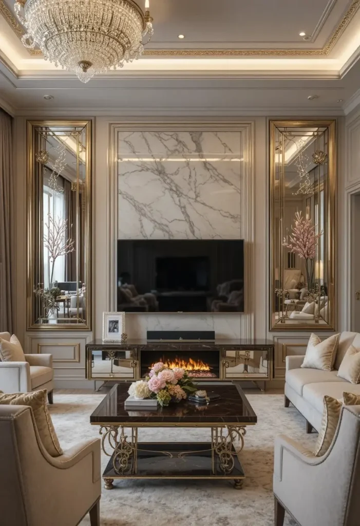 TV wall with antique mirrored panels creating glamorous spacious look