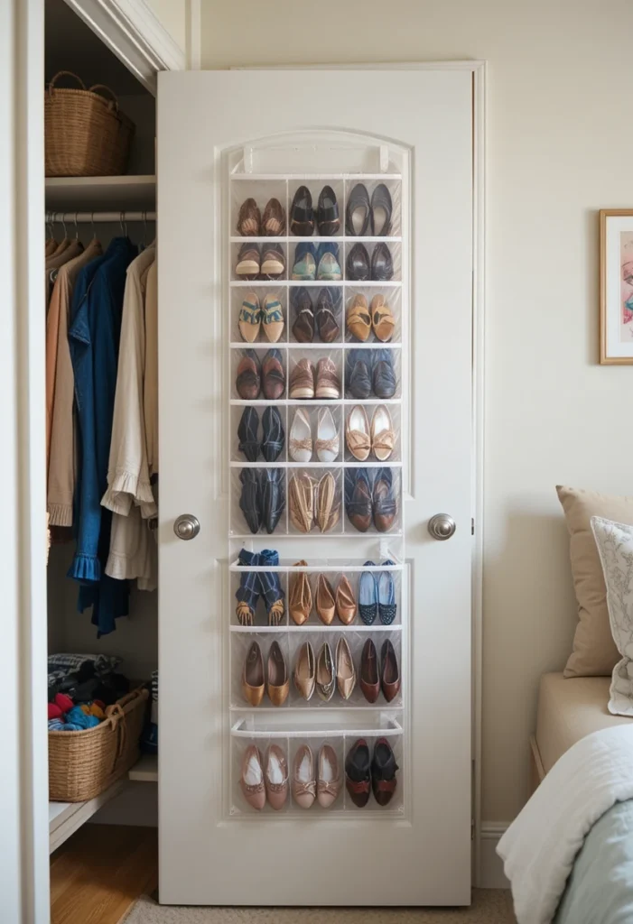 Over-door storage organizer holding shoes and accessories in a small bedroom.