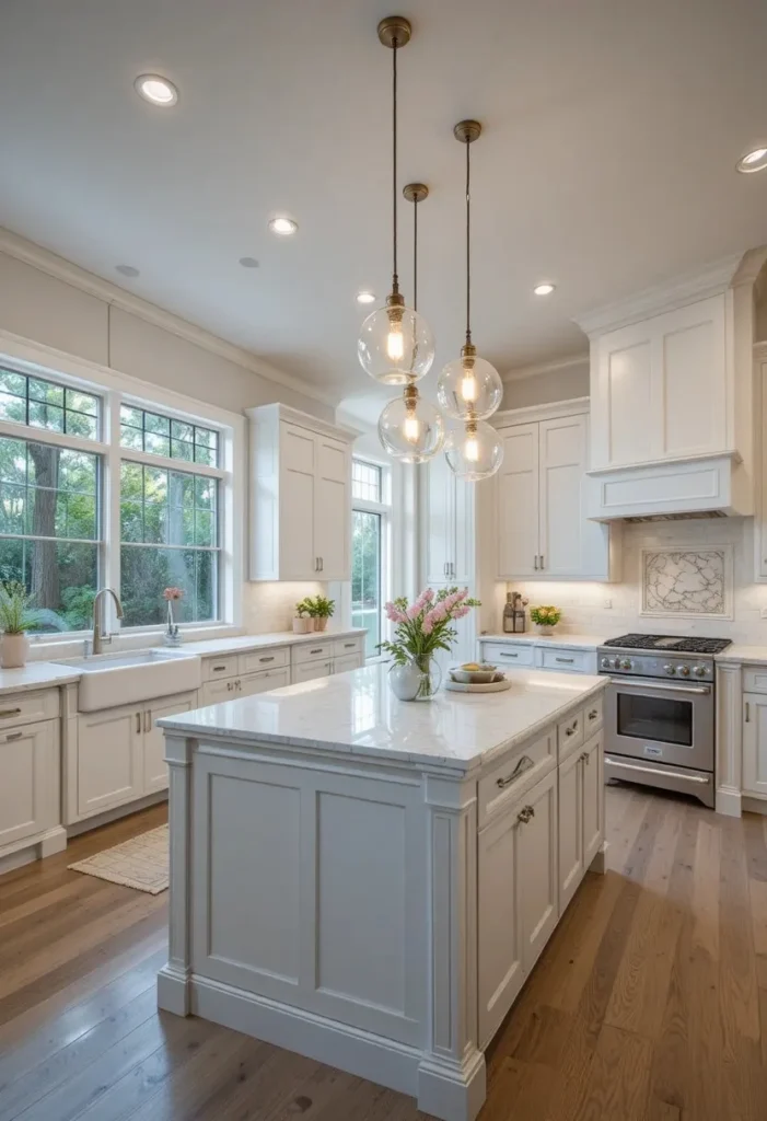 Full modern kitchen with clear glass globe pendant lights above a white island and warm glowing Edison bulbs.