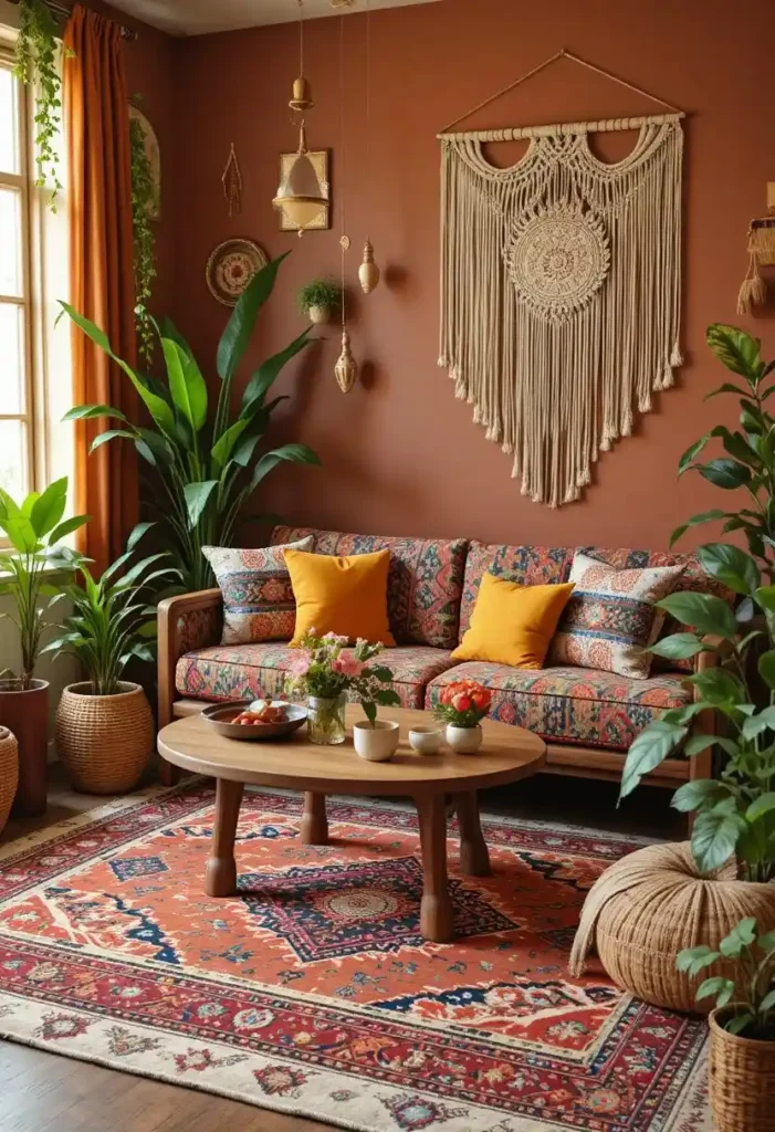 Boho maximalist living room filled with plants and layered patterns