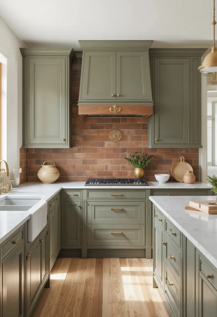 Matte olive green kitchen cabinets with terracotta backsplash and brass accents