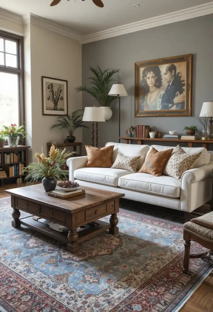 Elegant living room styled with a faded vintage Persian area rug.
