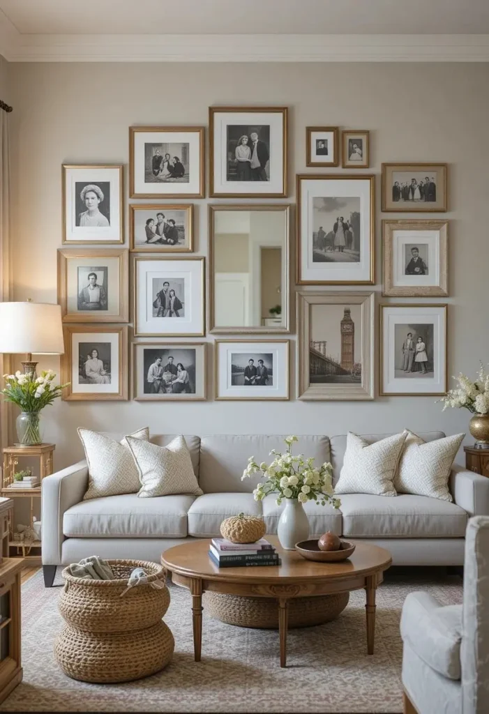 Curated gallery wall display in a modern living room.