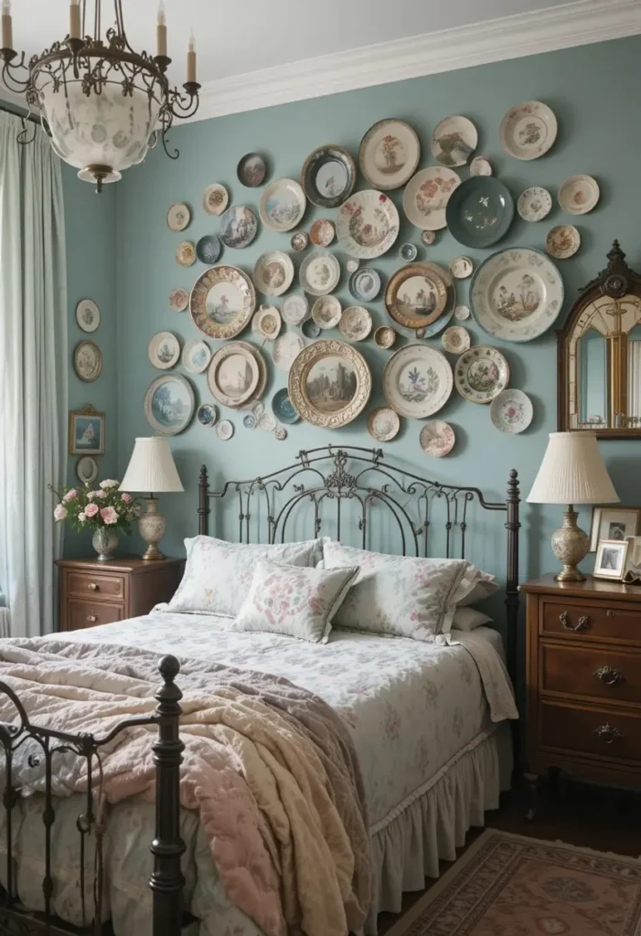 Vintage decorative plate wall collection in cozy bedroom.