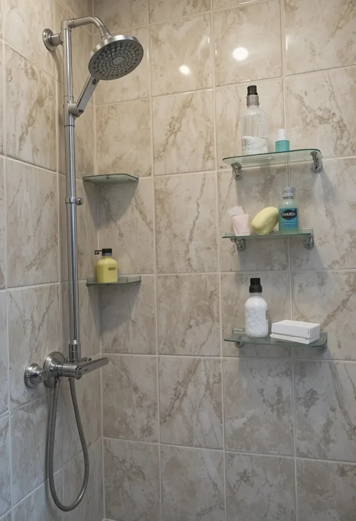Bathroom shower with suction cup shelves for tool-free storage