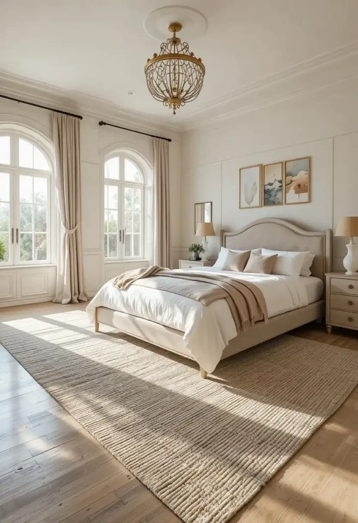 Full guest room with soft rug layered under bed