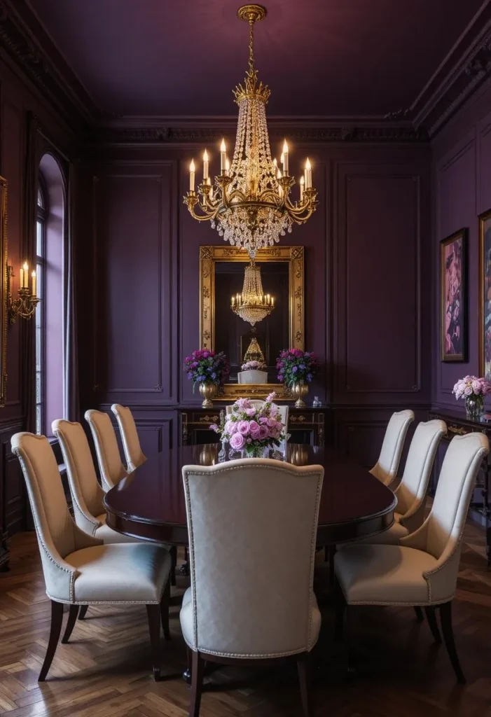 Plum dining room with gold chandelier and luxurious formal decor