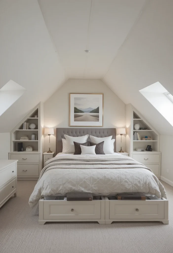 Attic bedroom with custom built-in storage drawers under low sloped walls