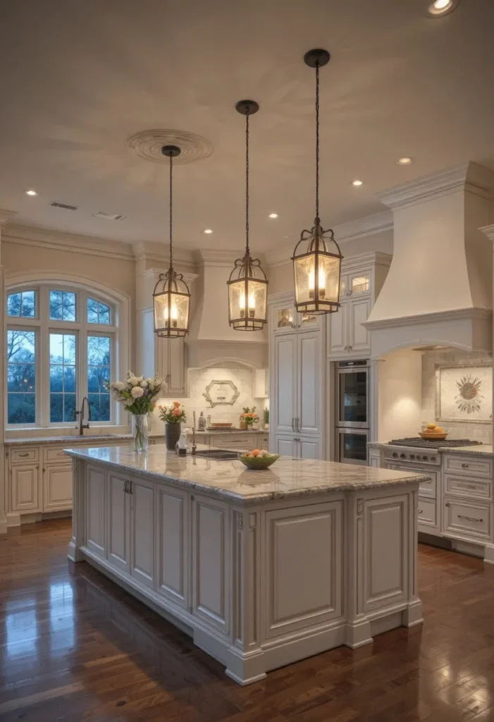 Full kitchen illuminated by dimmable pendant lights creating a warm evening ambiance.