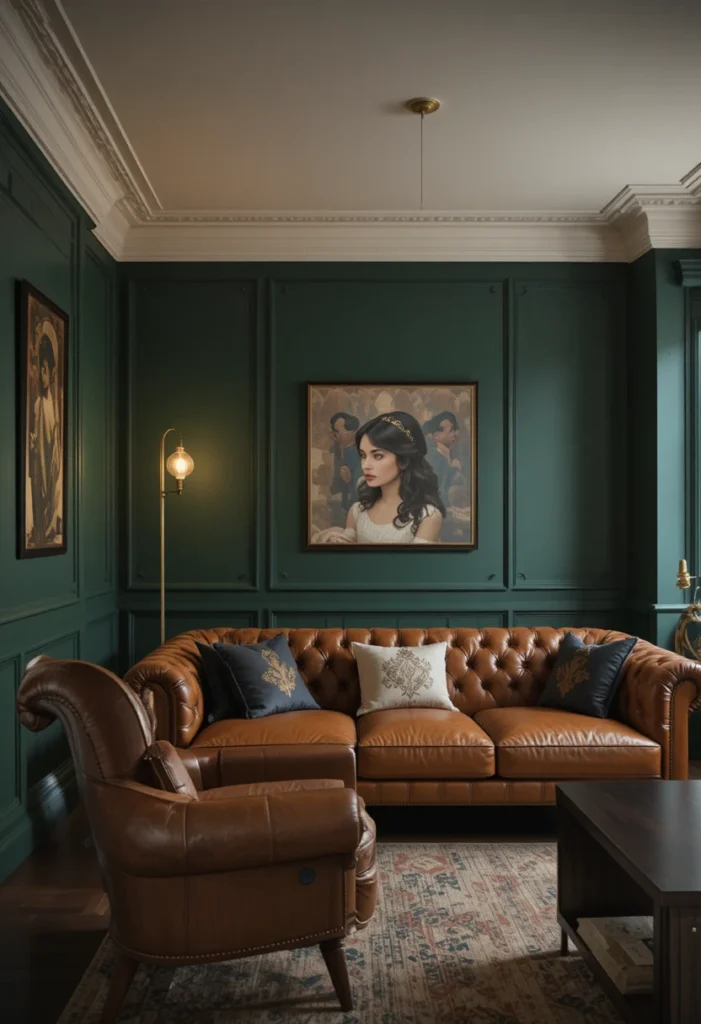 Full living room with dark green walls for a dramatic cozy retreat