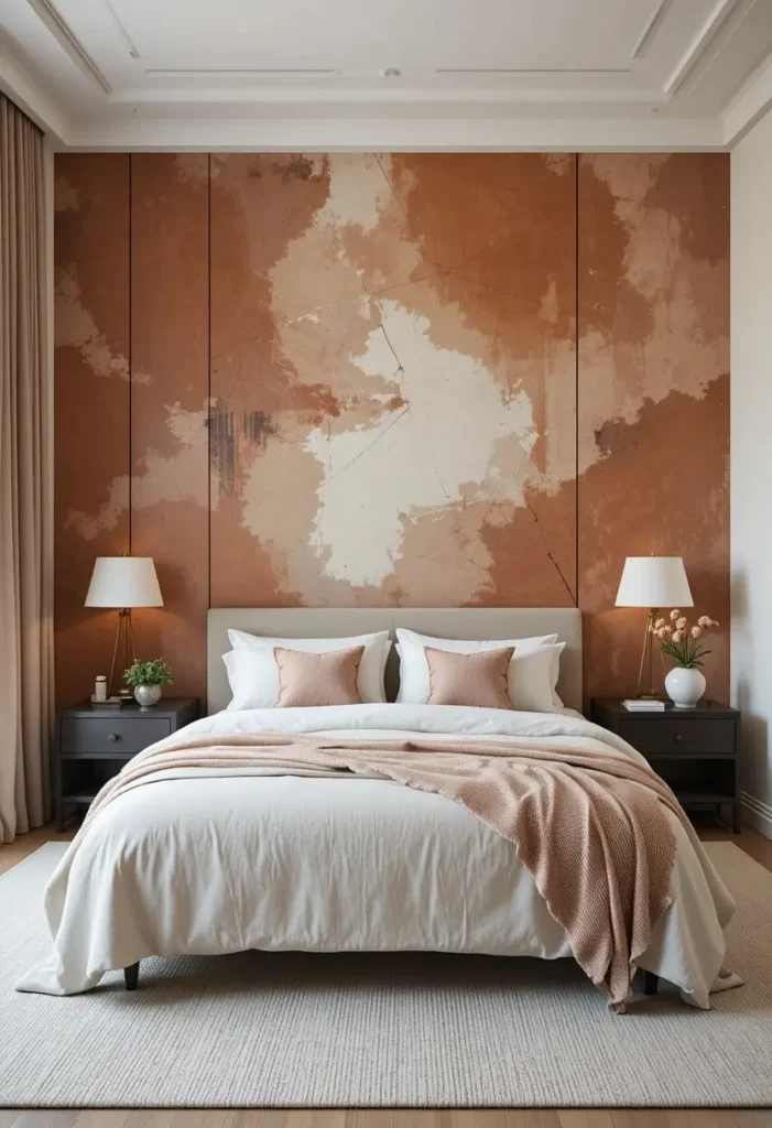 Modern bedroom with oversized abstract wallpaper creating an artistic focal point.
