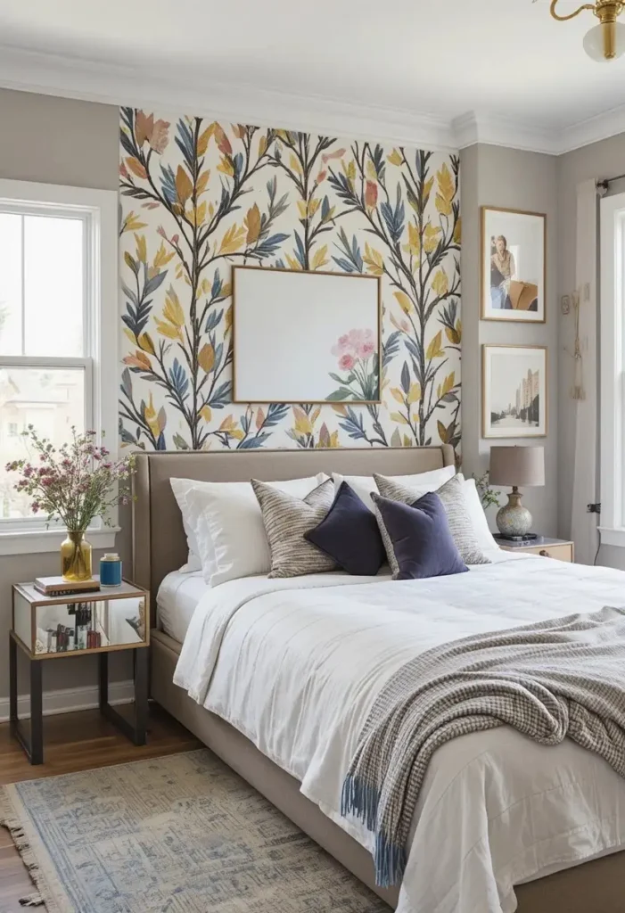 Bedroom with stylish peel-and-stick wallpaper creating an easy room makeover.