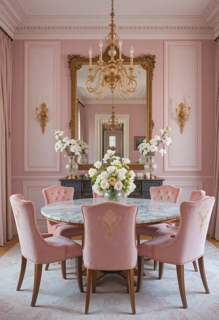Blush pink dining room with velvet chairs and vintage mirror
