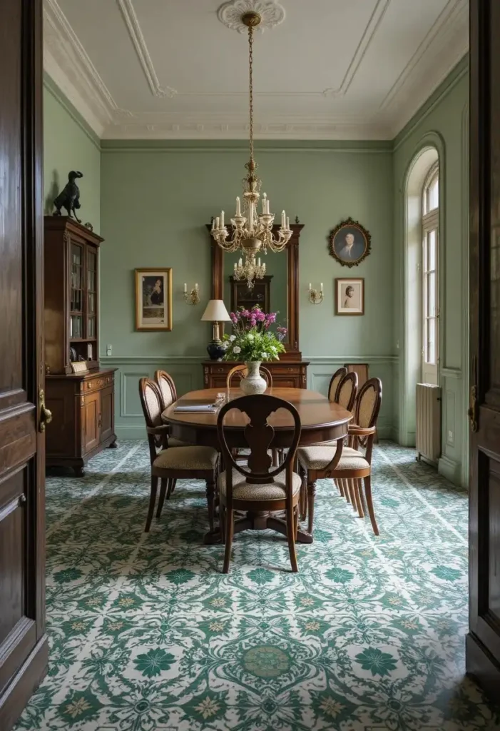 Full dining room with green and white patterned tile flooring