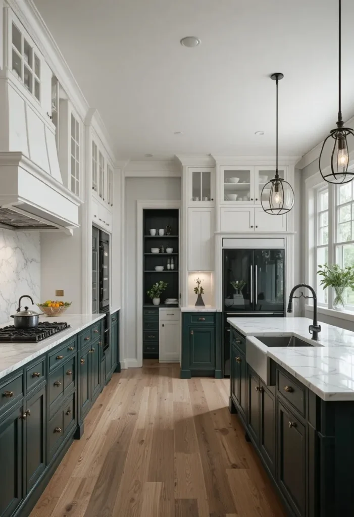 Full dramatic kitchen with deep forest green cabinets and marble counters