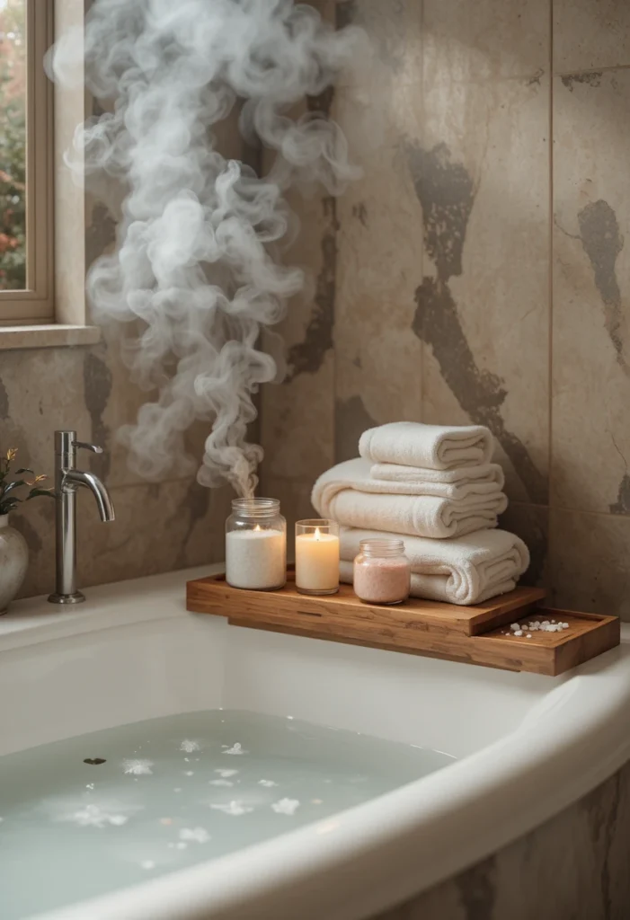 Spa-inspired bathroom corner with candle and bath tray