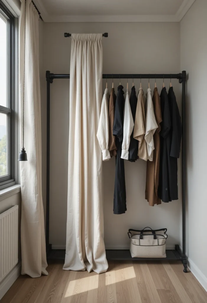 Small bedroom featuring a slim clothing rail hidden behind a soft linen curtain.