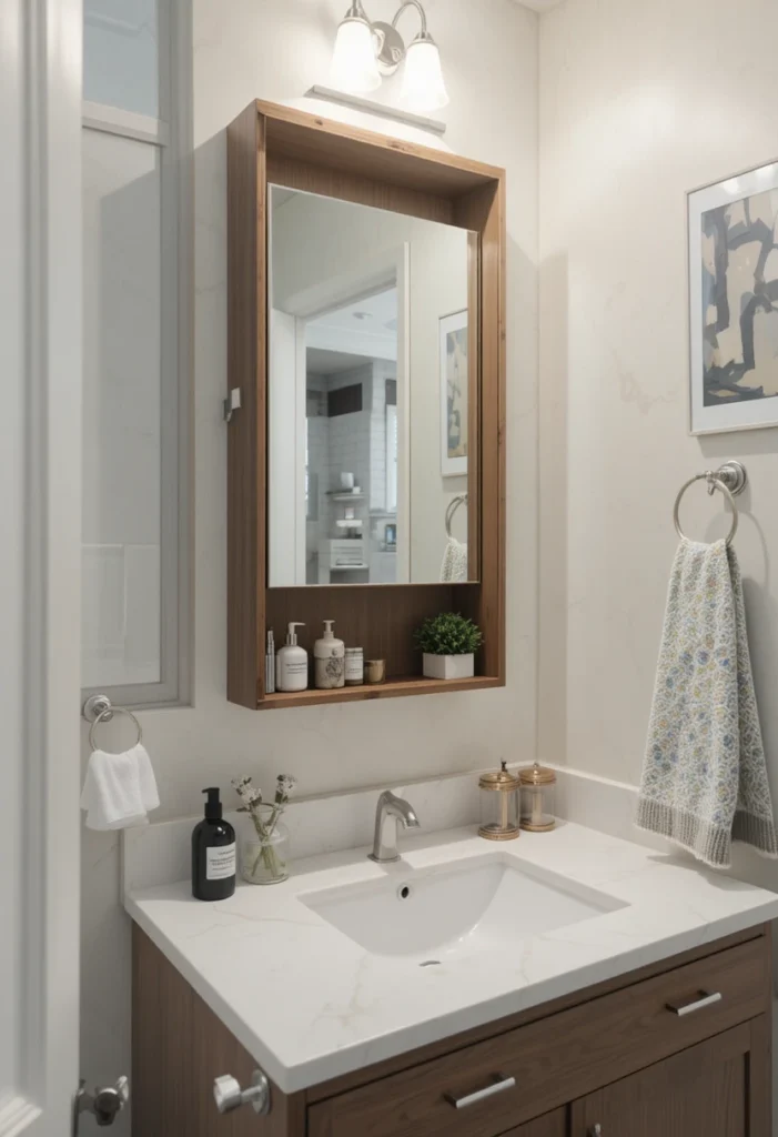 Small bathroom with recessed medicine cabinet for hidden storage