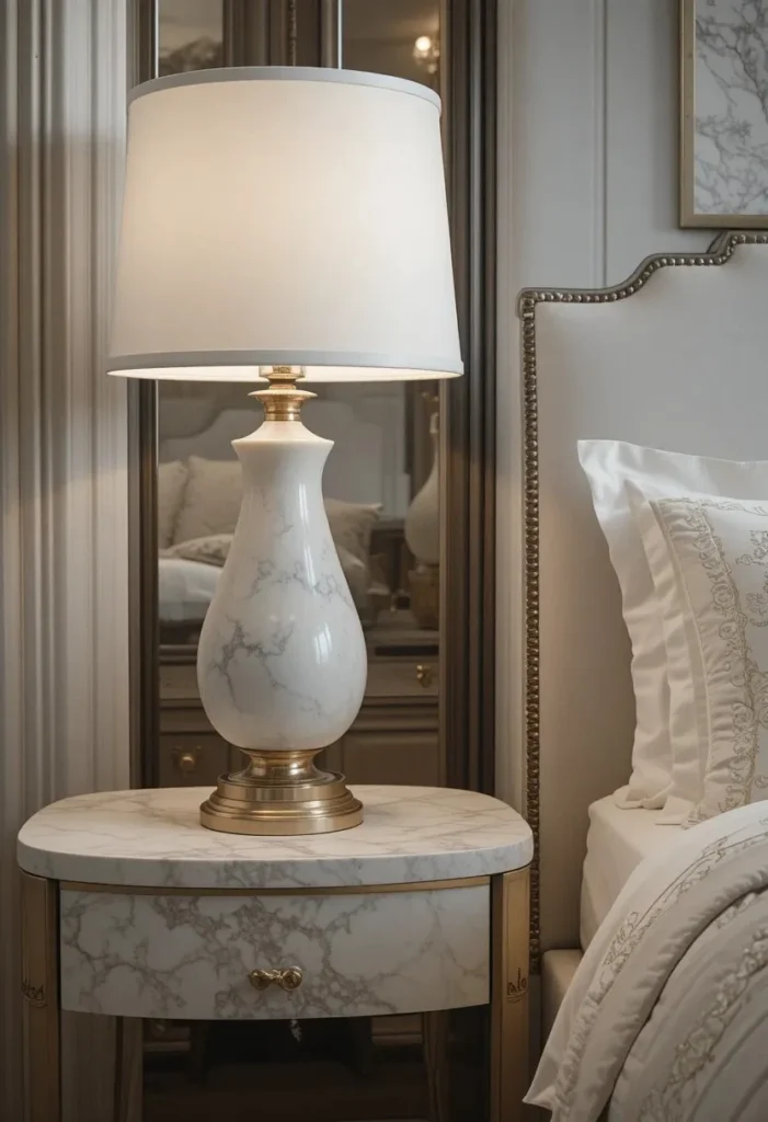 Marble base bedside lamp in elegant luxury bedroom.