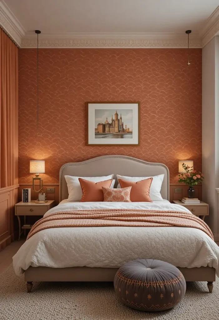 Modern bedroom with playful scallop wallpaper in warm earthy tones.