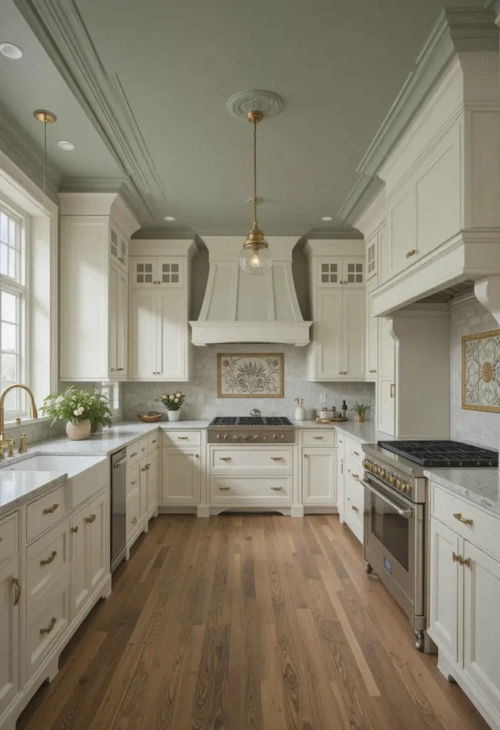 Full kitchen with soft green painted ceiling design