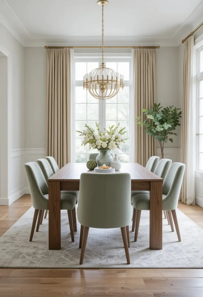 Full dining room with sage green velvet chairs adding soft color and elegance