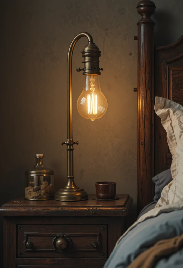 Vintage Edison bulb bedside lamp in warm moody bedroom.
