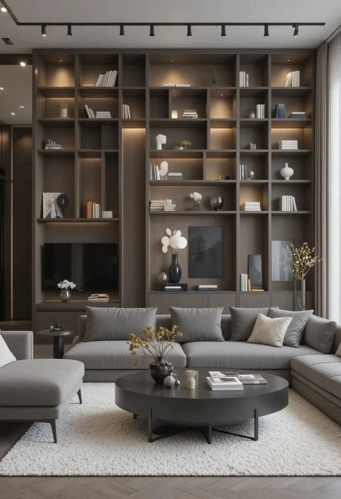 Modern asymmetrical built-in shelves creating an artistic living room feature.