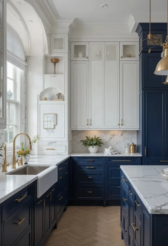 Deep navy blue kitchen cabinets paired with white quartz counters and gold fixtures