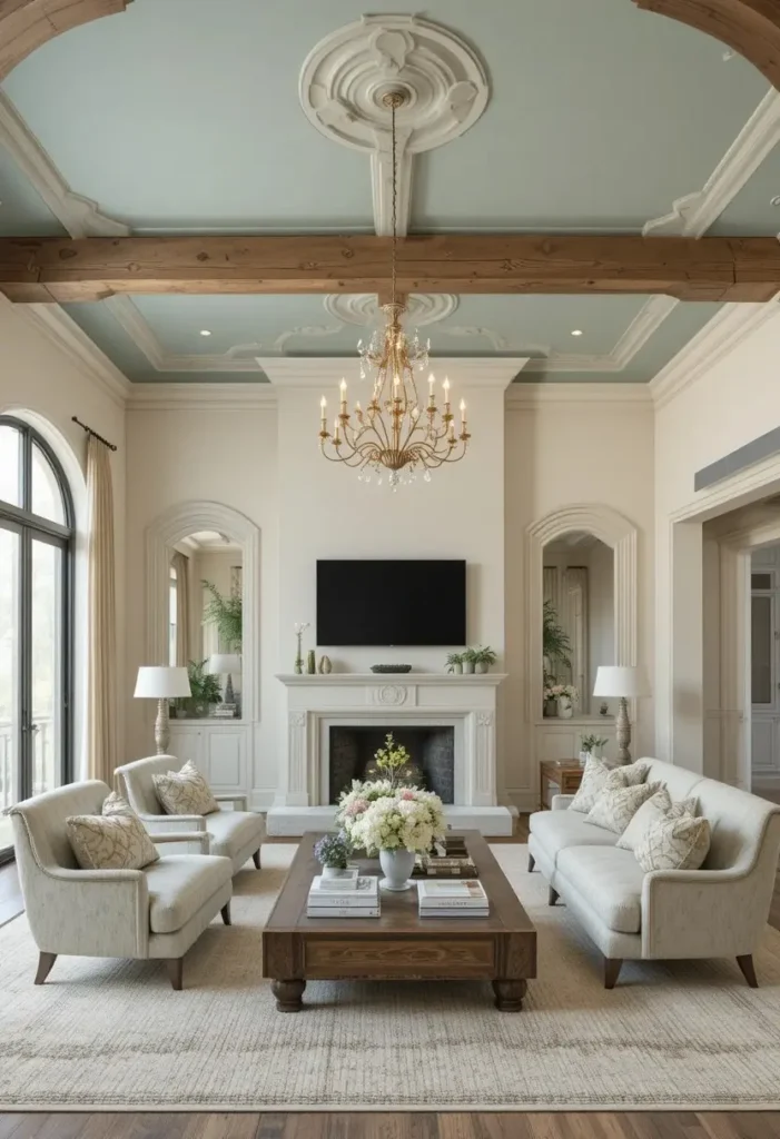 Living room with painted statement ceiling and exposed beams