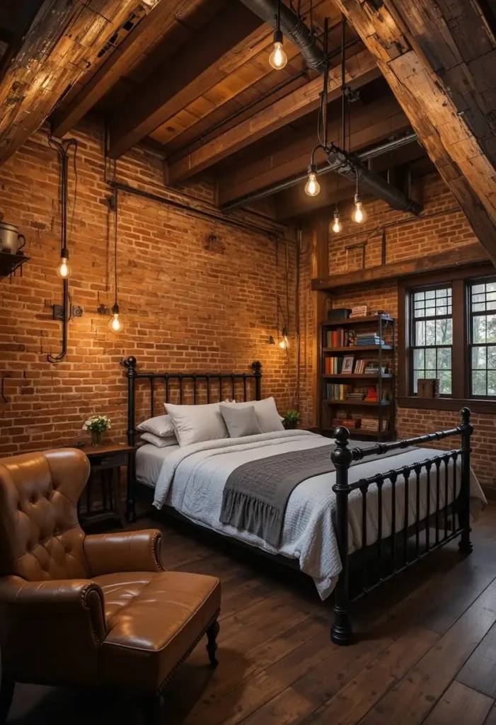 Industrial attic bedroom with exposed brick and black metal furnishings