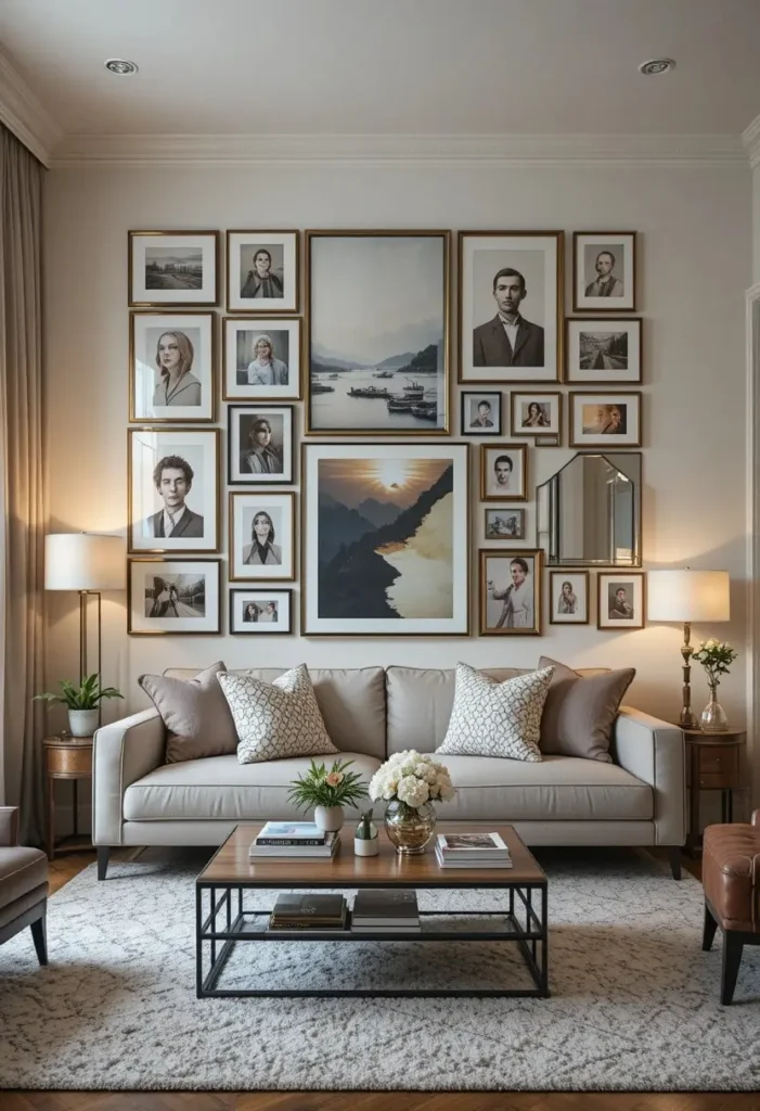 Full apartment living room with personalized gallery wall display