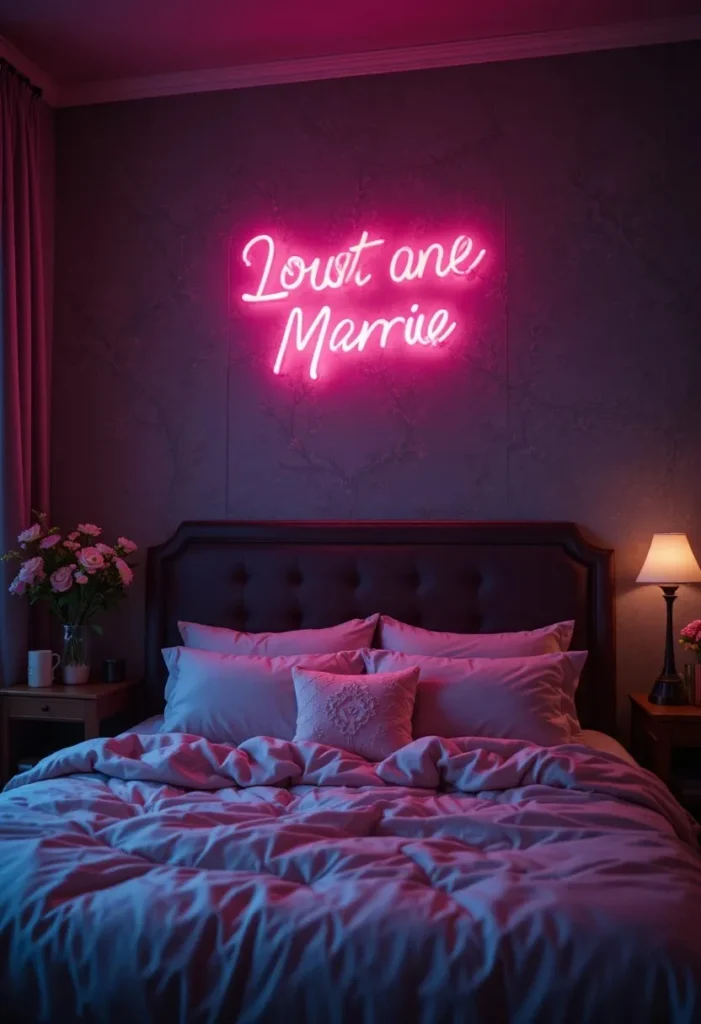 Pink neon wall sign above bed in stylish modern bedroom.
